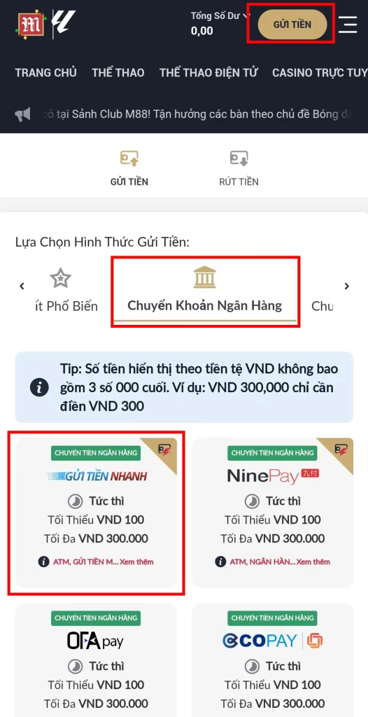 Hướng Dẫn Nạp Tiền M88 Qua Ngân Hàng